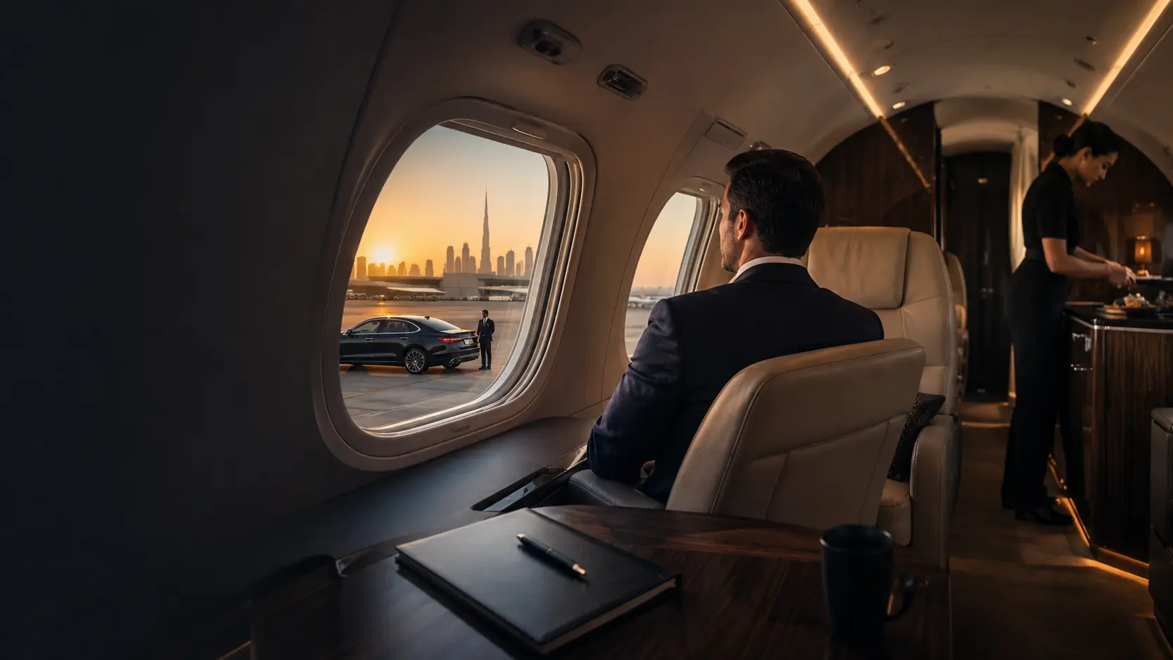 Private aircraft cabin with an executive traveller and Dubai skyline